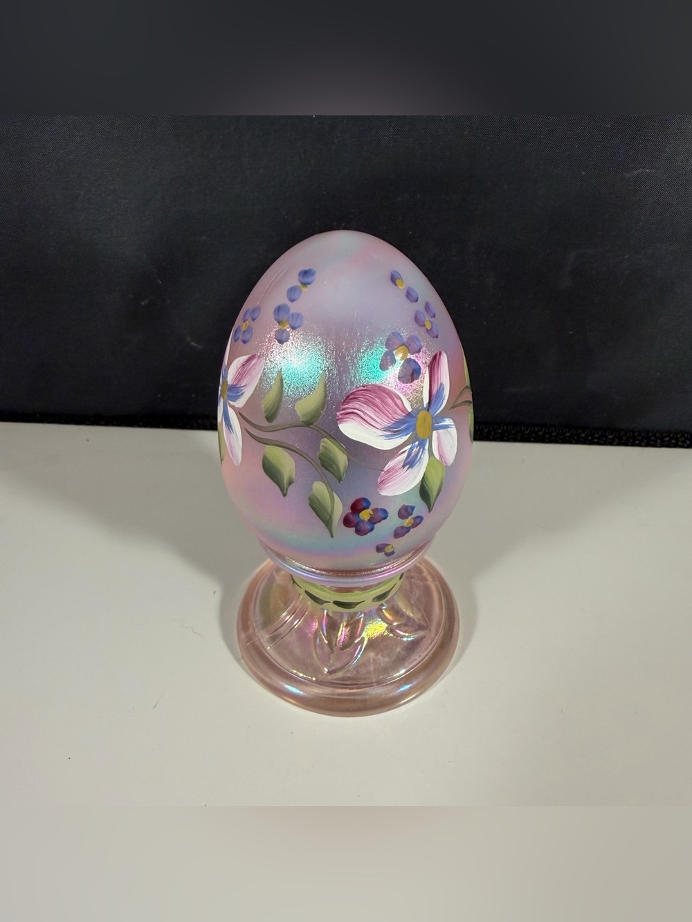 Vintage Fenton Glass Pink Iridescent Floral Hand Painted Egg- Signed By Hart